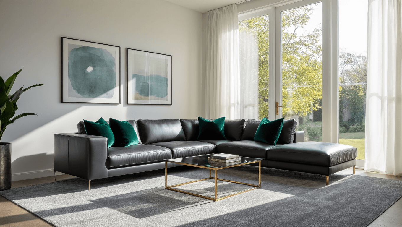 Photorealistic interior of a modern living room featuring a plush grey carpet, charcoal leather sectional with jewel-toned pillows, large sunlit windows, and a sleek glass coffee table, all captured in vibrant detail with soft depth of field.