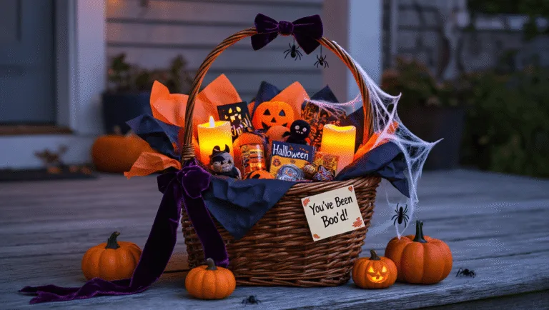 A Halloween boo basket overflowing with treats, decorated with orange and black tissue paper, glowing candles, plush toys, and mini pumpkins, set on a weathered wooden porch at twilight, illuminated by warm lights and surrounded by autumn leaves and cobwebs.