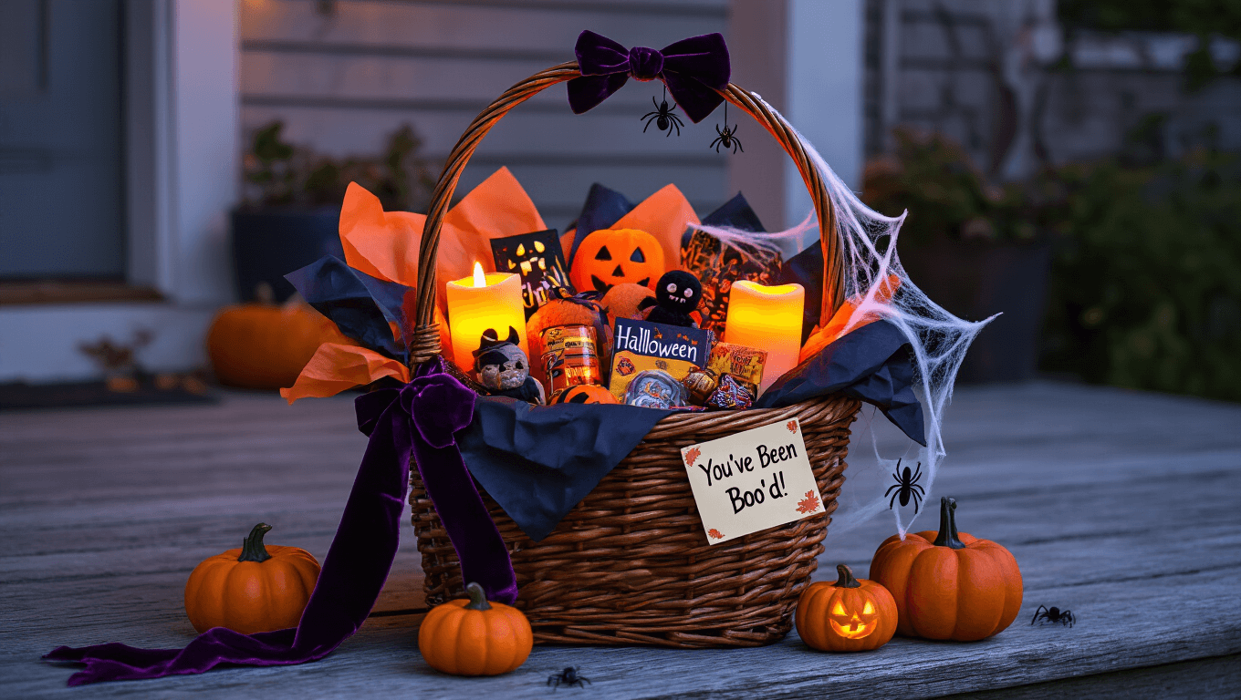 A Halloween boo basket overflowing with treats, decorated with orange and black tissue paper, glowing candles, plush toys, and mini pumpkins, set on a weathered wooden porch at twilight, illuminated by warm lights and surrounded by autumn leaves and cobwebs.