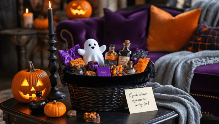 A cozy Halloween-themed evening scene featuring a luxurious boo basket with treats on a vintage coffee table, complemented by warm ambient lighting, a plush ghost, and vintage potion bottles. A dark velvet sofa adorned with a gray throw and Halloween pillows creates an intimate atmosphere, surrounded by framed vintage Halloween posters and a faux fur rug.