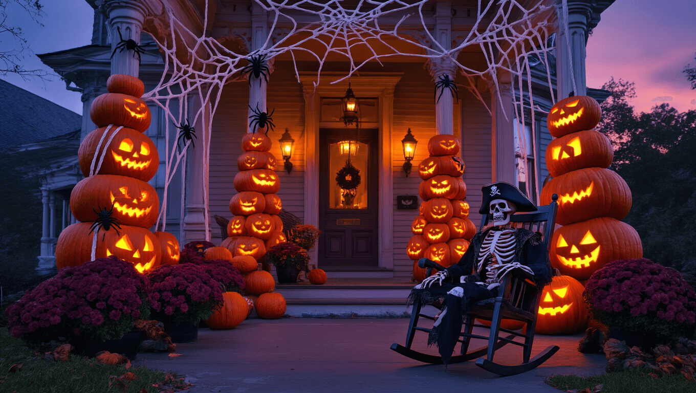 Cinematic wide-angle shot of a grand Victorian porch at dusk, featuring a life-sized skeleton in a pirate costume, intricately carved jack-o'-lanterns, oversized black spiders in a web, cascading burgundy mums and white pumpkins, gauzy purple drapes, wrought iron lanterns, and eerie green uplighting, all enveloped in light fog for a spooky yet elegant atmosphere.