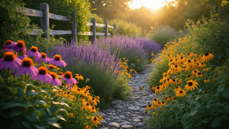 Hardy Perennials: Your Ultimate Guide to Low-Maintenance Garden Superstars Cinematic wide-angle shot of a vibrant cottage garden at golden hour, showcasing layered hardy perennials in bloom, including purple coneflowers, golden daylilies, and black-eyed Susans, framed by a weathered fence and bathed in soft backlighting.