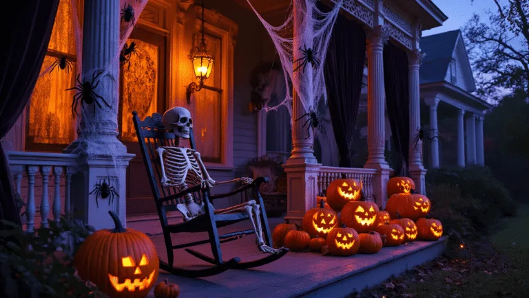 A Victorian front porch at dusk featuring an antique rocking chair with a skeleton, surrounded by spider webs, jack-o'-lanterns, billowing curtains, and a bubbling cauldron, all illuminated in warm orange and purple hues with mystical fog swirling around.