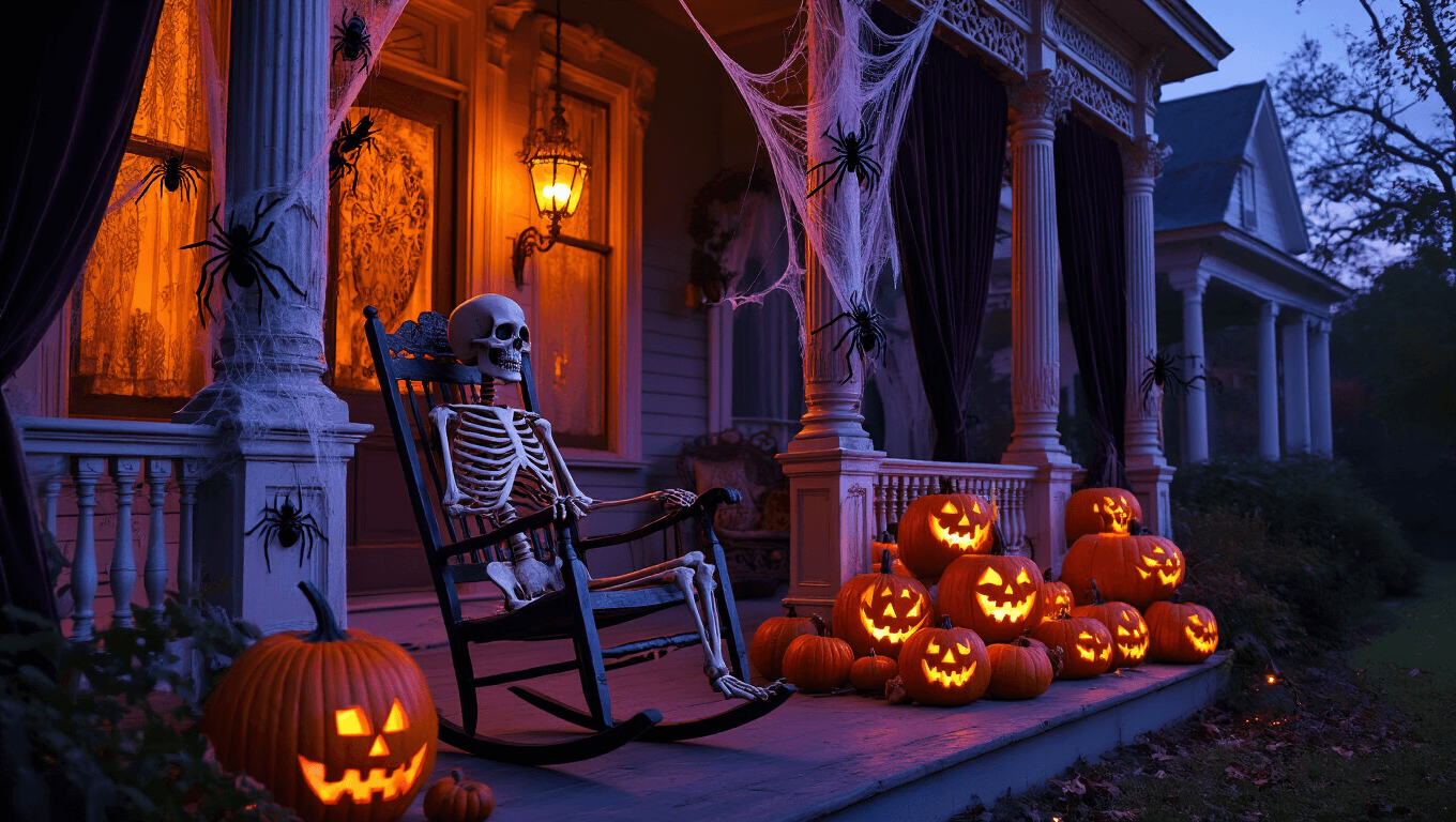 A Victorian front porch at dusk featuring an antique rocking chair with a skeleton, surrounded by spider webs, jack-o'-lanterns, billowing curtains, and a bubbling cauldron, all illuminated in warm orange and purple hues with mystical fog swirling around.
