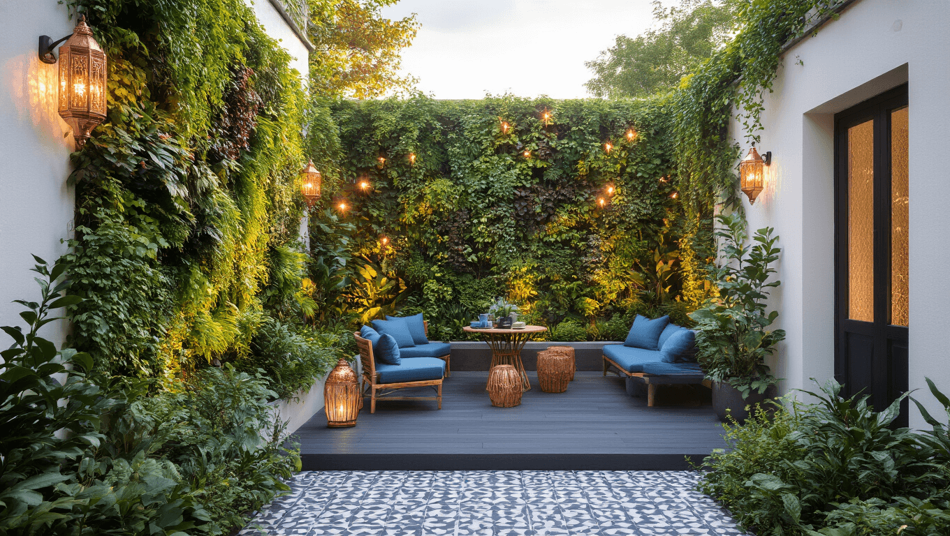A luxurious small courtyard garden at golden hour, featuring whitewashed walls, a living wall of cascading plants, modern decking, teak bistro set with blue cushions, Moroccan lanterns, and vibrant foliage in a sophisticated layout.