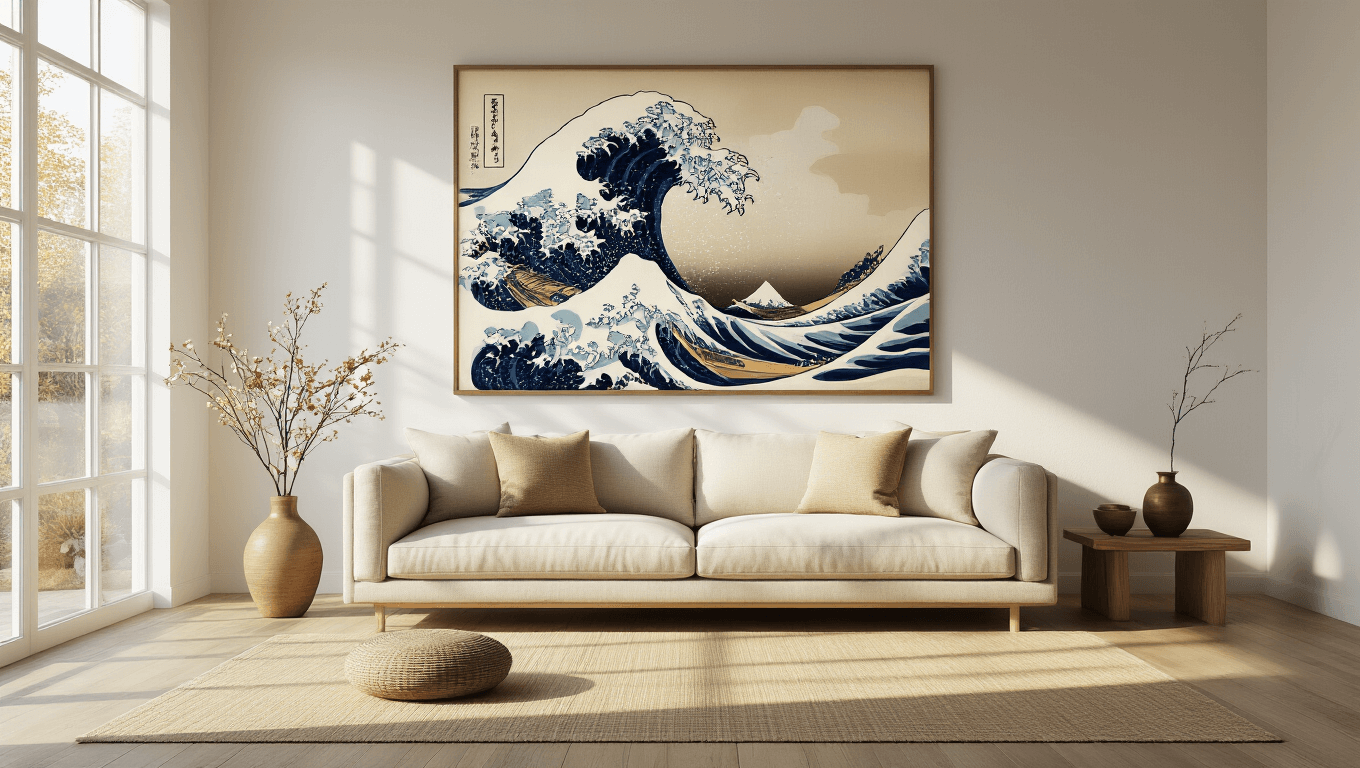 Photorealistic interior of a sunlit modern living room featuring a large Hokusai Great Wave print, minimalist beige linen sofa, bamboo flooring, Zen-inspired decor, and warm golden hour lighting casting soft shadows.