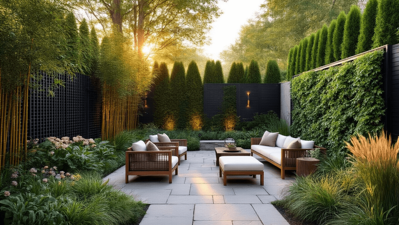 Photorealistic image of a lush backyard sanctuary at golden hour, featuring emerald Arborvitae trees, modern black steel privacy screens, a curved flagstone path leading to a teak seating area, and layered plantings, with warm sunlight filtering through foliage and highlighting a vertical garden wall.