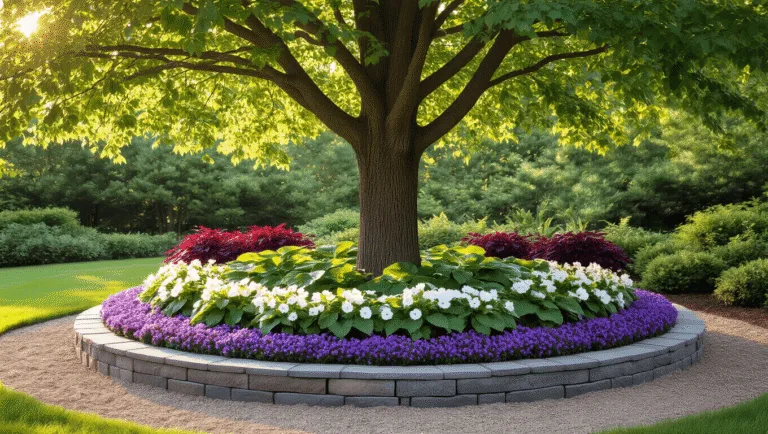 Photorealistic landscape of a mature maple tree in a circular flower bed, featuring layered plantings of purple phlox, white impatiens, and burgundy shrubs, captured during golden hour with soft sunlight and subtle solar lighting.