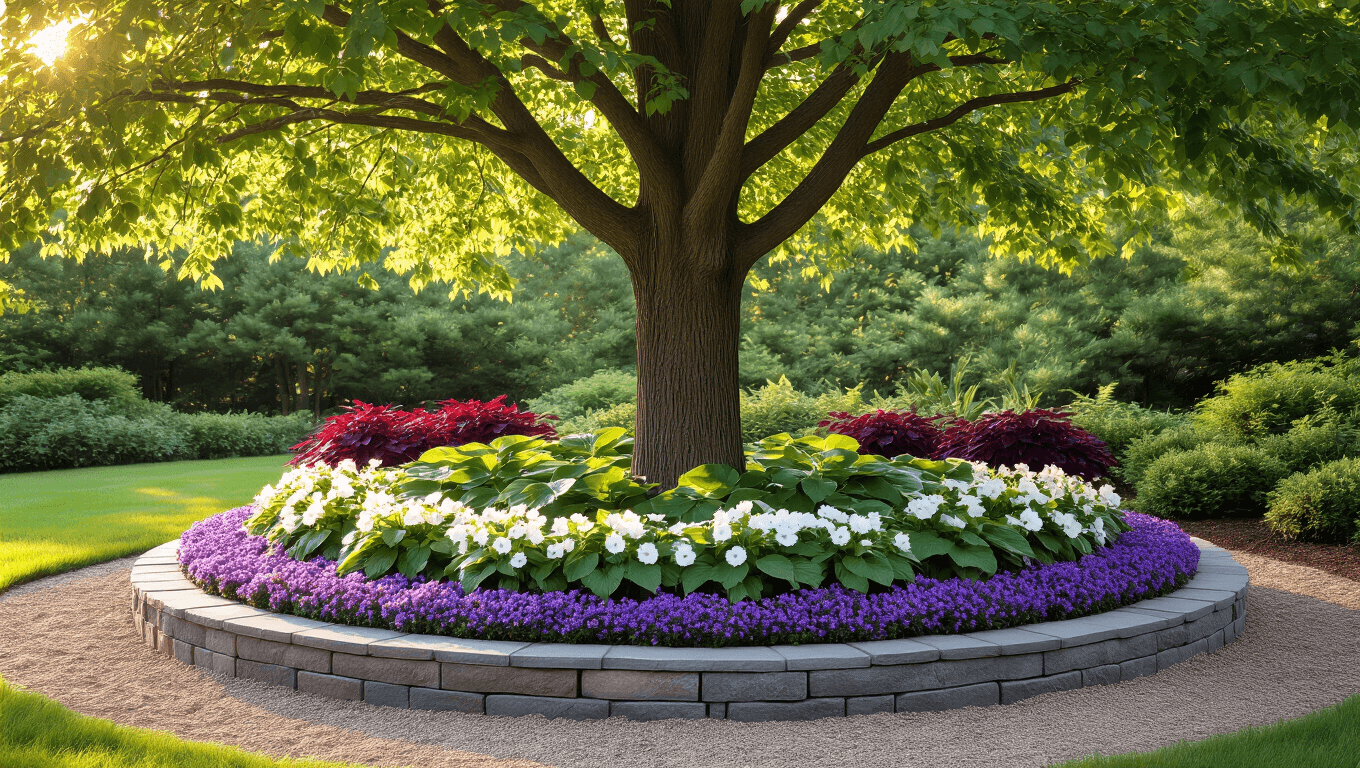 Photorealistic landscape of a mature maple tree in a circular flower bed, featuring layered plantings of purple phlox, white impatiens, and burgundy shrubs, captured during golden hour with soft sunlight and subtle solar lighting.