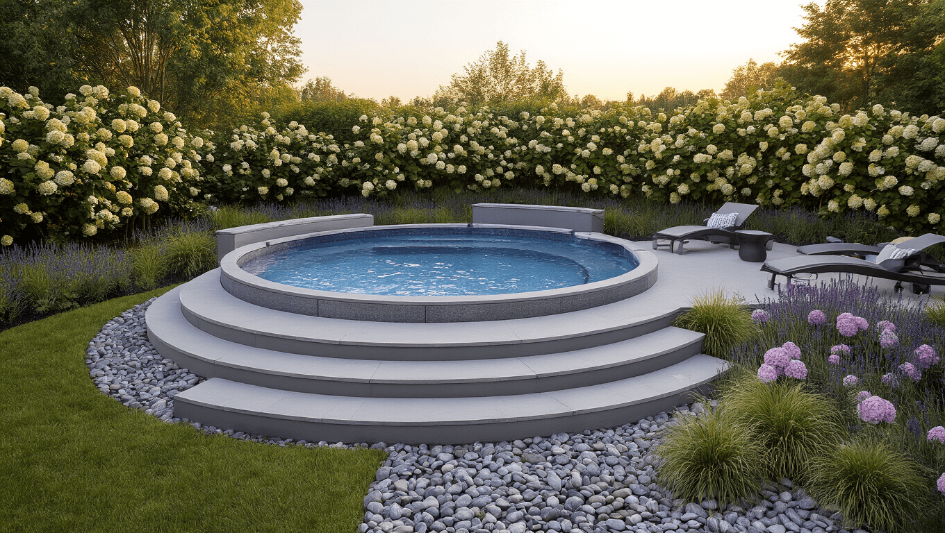 A luxurious backyard oasis featuring a 15ft round above-ground pool with a gray composite deck, surrounded by blooming lavender, feather reed grass, and mature hydrangeas, illuminated by string lights and solar path lighting during golden hour.