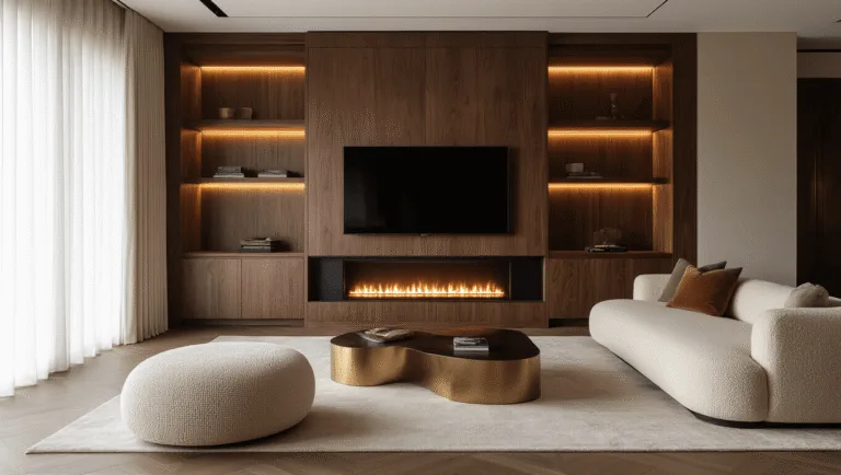 A luxurious living room featuring a recessed walnut media wall with a 65-inch TV, custom shelving, brass-accented LED lighting, an integrated electric fireplace, and a plush cream bouclé sofa, all bathed in warm golden hour light.