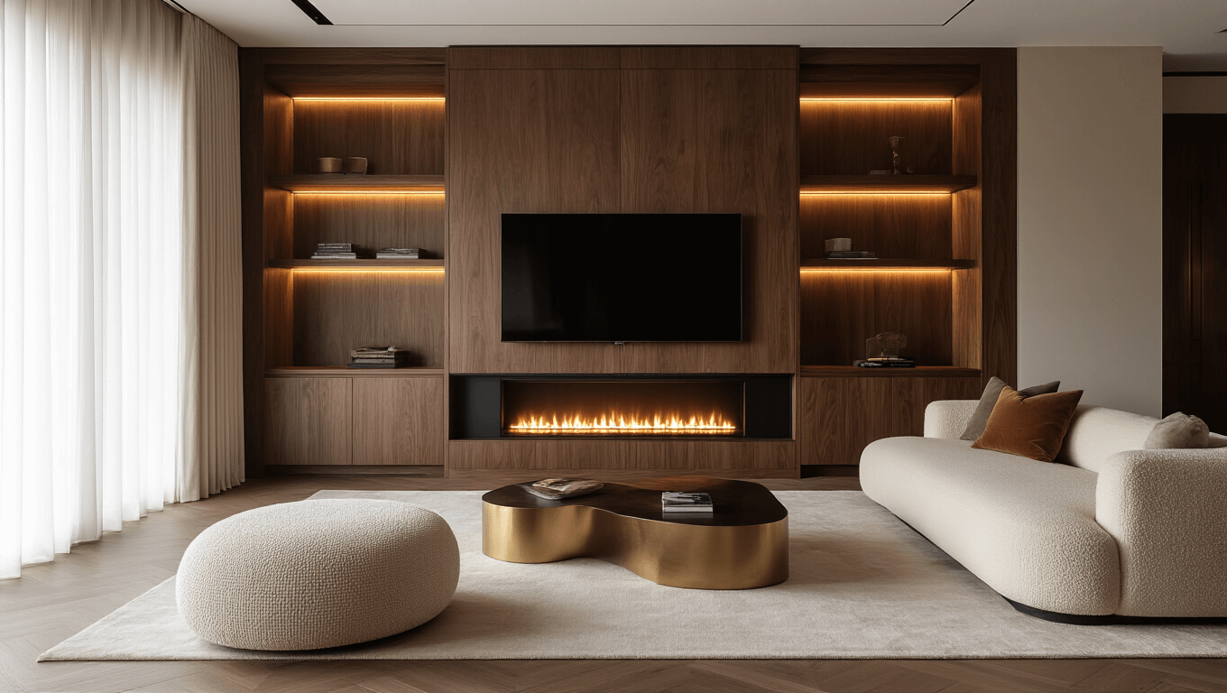A luxurious living room featuring a recessed walnut media wall with a 65-inch TV, custom shelving, brass-accented LED lighting, an integrated electric fireplace, and a plush cream bouclé sofa, all bathed in warm golden hour light.