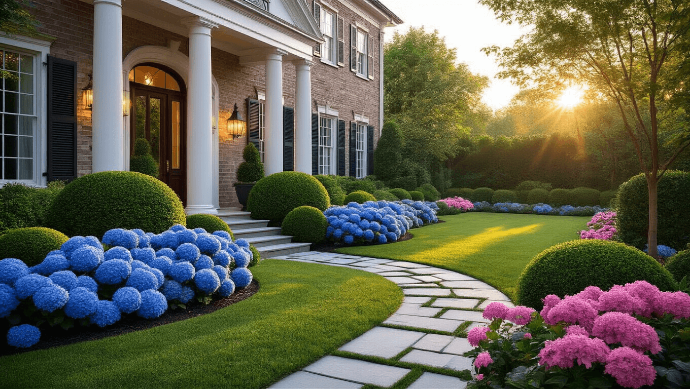 Cinematic shot of a luxurious Colonial home's front yard at golden hour, showcasing manicured landscaping with blue hydrangeas, boxwood spheres, and blooming spirea along a stone pathway, all illuminated by soft lighting and atmospheric fog.