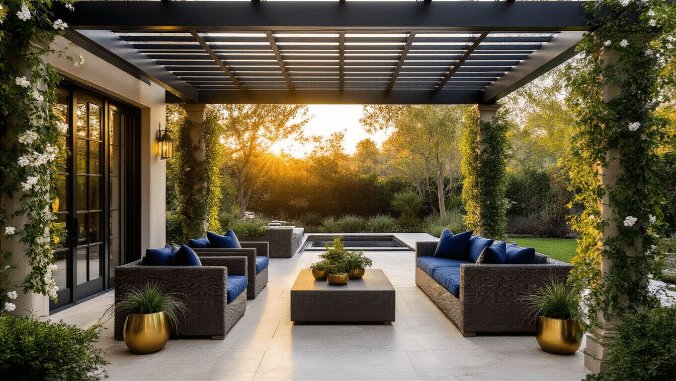 A luxurious covered patio with a matte black aluminum pergola, plush navy velvet cushions on taupe wicker furniture, and travertine flooring, illuminated by warm sunlight and featuring climbing jasmine and modern outdoor kitchen elements.