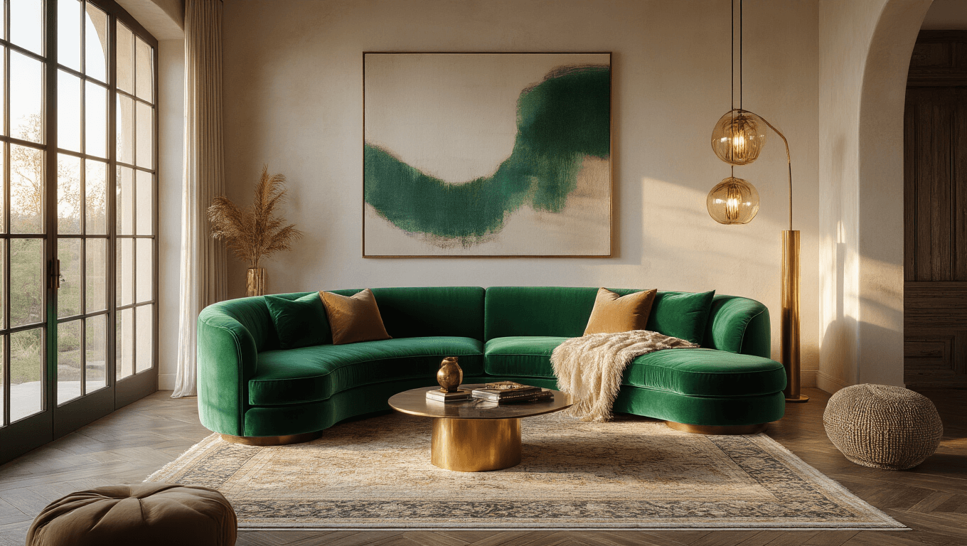 A sophisticated living room featuring a curved emerald green velvet sofa, oversized abstract art, and golden hour lighting casting warm rays across intricate Persian rugs, with luxurious textures and biophilic design elements.