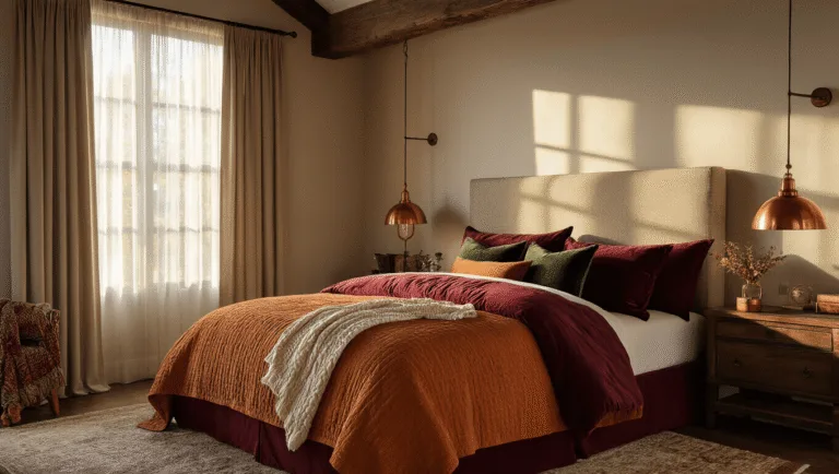A luxurious master bedroom featuring a king-size bed adorned with layered fall-inspired textiles, warm golden hour light filtering through sheer curtains, and rustic decor emphasizes the cozy atmosphere.