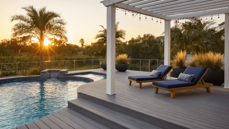 Cinematic wide-angle shot of a luxurious above-ground pool deck at sunset, featuring a circular pool surrounded by weathered gray composite decking, modern glass railings, teak lounge chairs, and ambient string lights, with palm trees and coastal grasses.