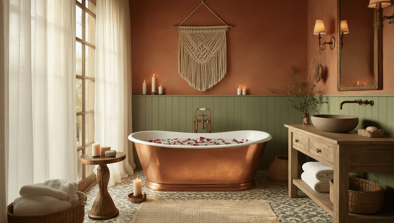 Luxurious spa bathroom featuring a freestanding copper bathtub with rose petals, surrounded by flickering candles, warm terracotta walls, a weathered teak vanity, and ambient lighting, all bathed in soft golden hour light.