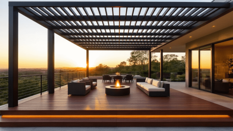 Elevated Decking: Your Ultimate Guide to Transforming Outdoor Spaces A photorealistic wide-angle shot of a luxurious three-tiered deck at golden hour, featuring mahogany decking, sleek black railings, a dining area under a slatted pergola, a circular fire pit with sectional seating, and a lower zen garden, all illuminated by warm sunset light and subtle architectural lighting.
