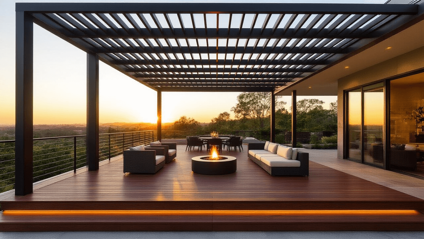A photorealistic wide-angle shot of a luxurious three-tiered deck at golden hour, featuring mahogany decking, sleek black railings, a dining area under a slatted pergola, a circular fire pit with sectional seating, and a lower zen garden, all illuminated by warm sunset light and subtle architectural lighting.