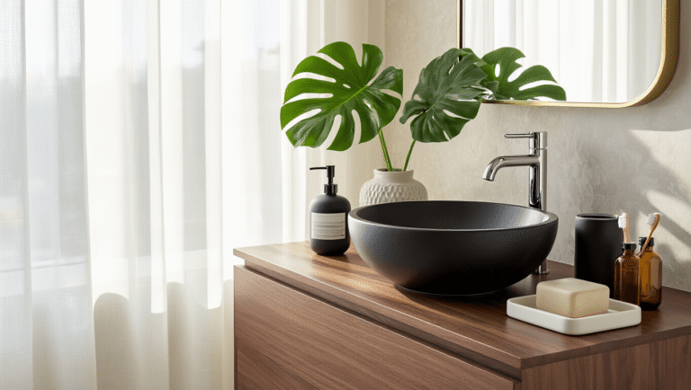 A luxurious bathroom vanity with a black marble vessel sink on a walnut floating vanity, featuring polished chrome fixtures, curated accessories, and a monstera plant, all reflected in a brass-framed mirror, captured in soft natural light.