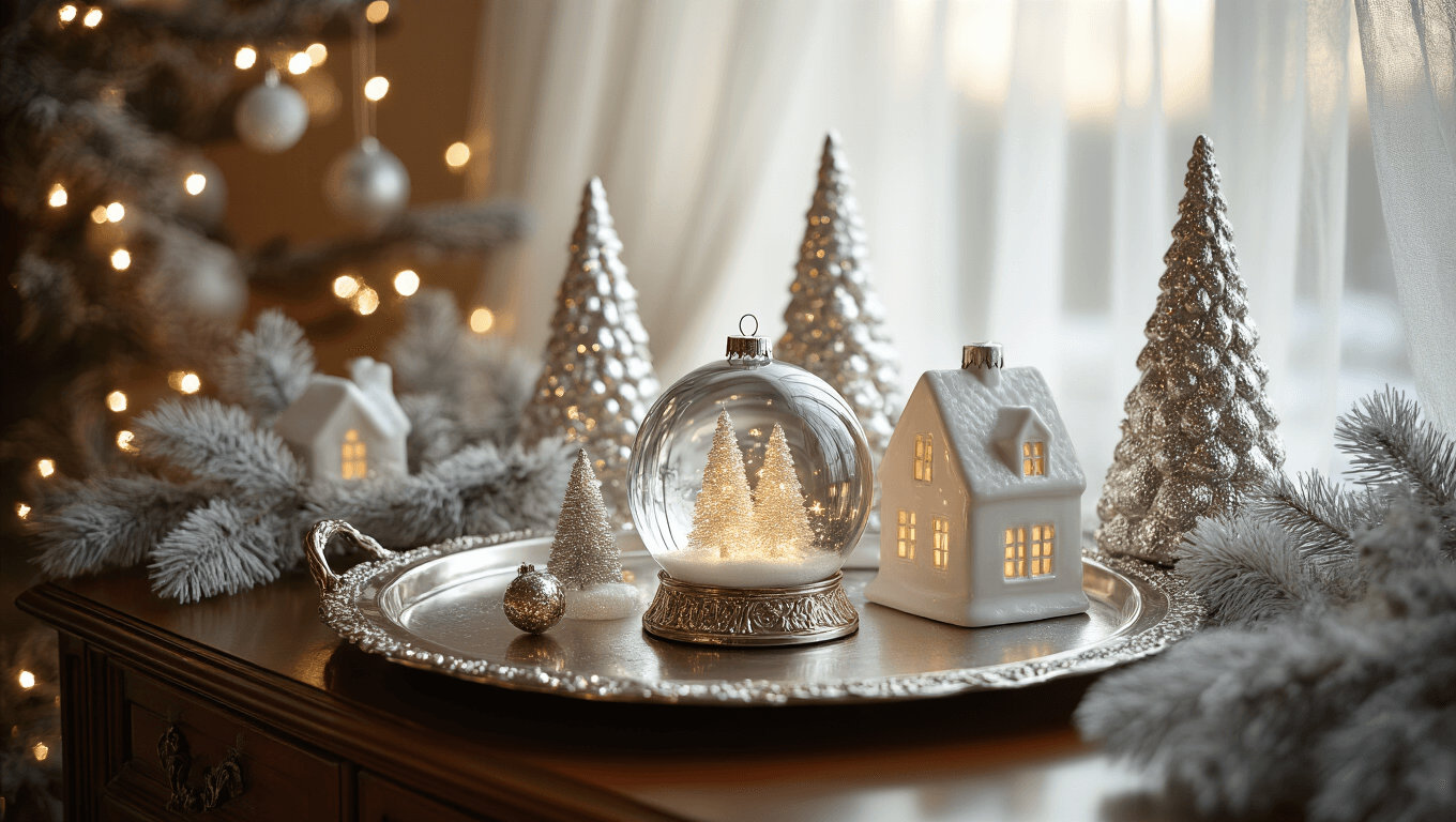 A luxurious winter wonderland interior scene featuring a vintage silver tray on a mahogany sideboard, illuminated by golden hour light filtering through sheer curtains, adorned with mercury glass Christmas trees, glitter-dusted white ceramic houses, an oversized snowglobe, delicate LED wire lights, frosted pine branches, and crystalline ornaments, all captured in photorealistic detail with soft bokeh in the background.
