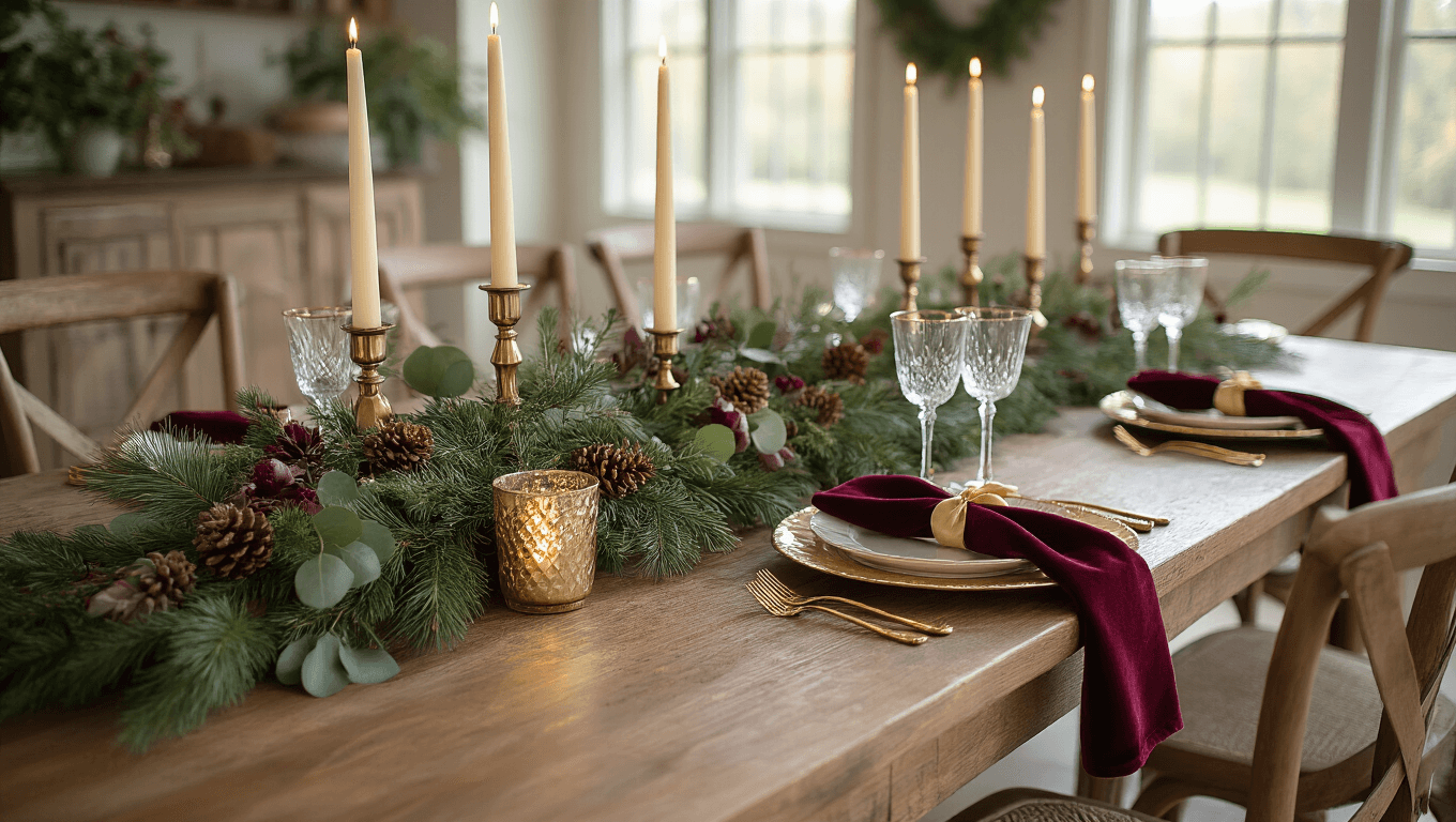 A beautifully decorated farmhouse dining table with a cascading centerpiece of fresh greenery, ornate candle holders, elegant place settings, and a warm golden-hour glow from sunlight streaming through large windows, captured in hyperrealistic detail.