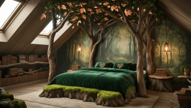A cinematic wide shot of a dreamy fantasy bedroom with a handcrafted forest canopy bed made of twisted branches and copper leaves, surrounded by moss-covered tree stump nightstands, adorned with emerald green velvet bedding. Warm lighting filters through preserved branches overhead, highlighting a woodland mural and vintage books on floating shelves, with a large window revealing misty forest views.