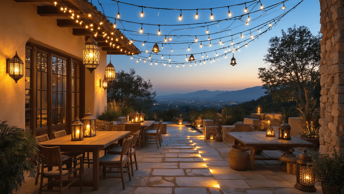 Enchanting outdoor patio at golden hour with warm LED string lights, Edison bulb pendants, Moroccan lanterns, and illuminated slate walkways, creating a magical atmosphere.