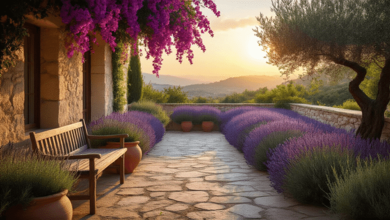 A sun-drenched Mediterranean garden terrace at sunset, featuring magenta bougainvillea, lavender in terracotta pots, an olive tree, stone pavers, and a wooden bench, with a vintage copper watering can and distant sea views.