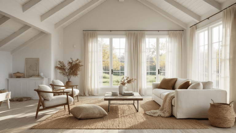 A sun-drenched minimalist living room with vaulted white-washed wooden ceilings, large windows with sheer curtains, a cream linen sofa adorned with earth-tone pillows, and a natural jute rug on weathered oak flooring, featuring a mix of vintage and modern furniture, ceramics, potted herbs, and layered textures, captured in soft light during golden hour.