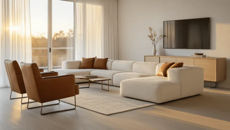 Modern minimalist living room featuring an ivory bouclé sectional, cognac leather chairs, and a bleached oak media console, illuminated by golden hour light streaming through sheer curtains.
