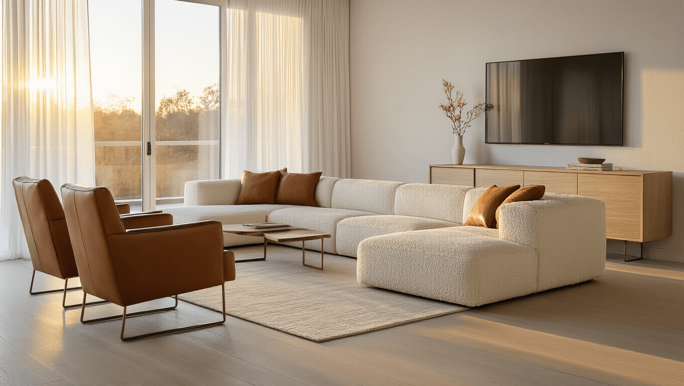 Modern minimalist living room featuring an ivory bouclé sectional, cognac leather chairs, and a bleached oak media console, illuminated by golden hour light streaming through sheer curtains.