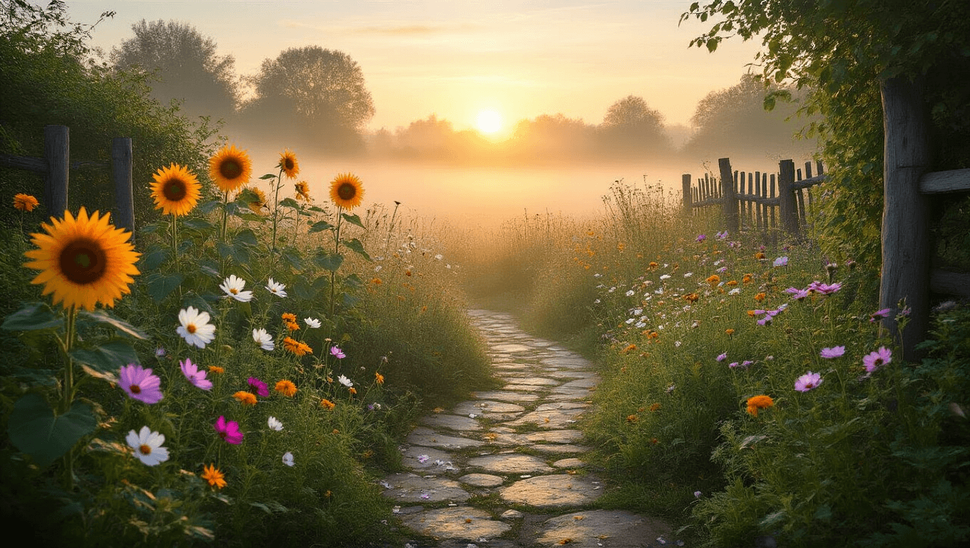 A vibrant wildflower meadow at sunrise features towering sunflowers, colorful cosmos, and marigolds, with a winding stone pathway partially covered in petals. Morning dew glistens on native wildflowers, while a wooden fence and climbing beans create an organic backdrop. The scene is softly blurred with a dreamy bokeh effect, capturing the serene atmosphere of a lush garden.