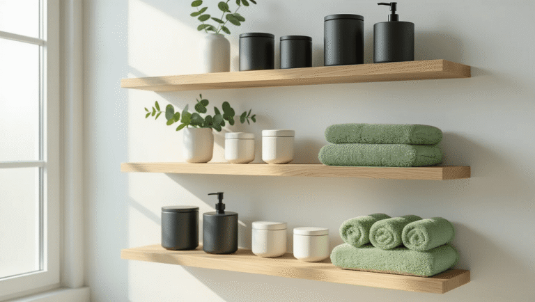 Photographic depiction of a modern minimalist bathroom with three wooden floating shelves displaying matte black and white ceramic containers, fresh eucalyptus, and neatly rolled Turkish towels in sage green and cream, illuminated by soft morning light through a frosted window.
