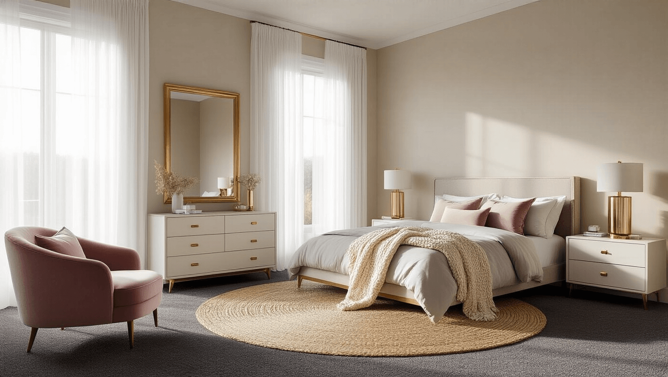 Photorealistic master bedroom with dark grey carpet, beige walls, king-size bed, and morning light filtering through sheer curtains, featuring gold and pink accents.