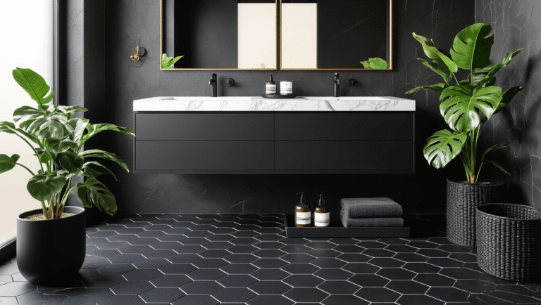 Photorealistic image of a modern luxury bathroom featuring black hexagonal floor tiles, a floating black double vanity with a white marble countertop, and minimalist accessories, illuminated by soft morning light with dramatic shadows.