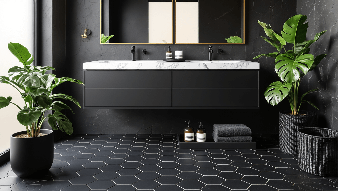 Photorealistic image of a modern luxury bathroom featuring black hexagonal floor tiles, a floating black double vanity with a white marble countertop, and minimalist accessories, illuminated by soft morning light with dramatic shadows.