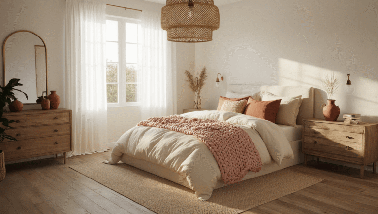 A serene modern boho bedroom in soft morning light, featuring a plush queen bed with layered textures, a rattan pendant light, vintage oak dresser, and potted plants, all captured in cinematic detail.