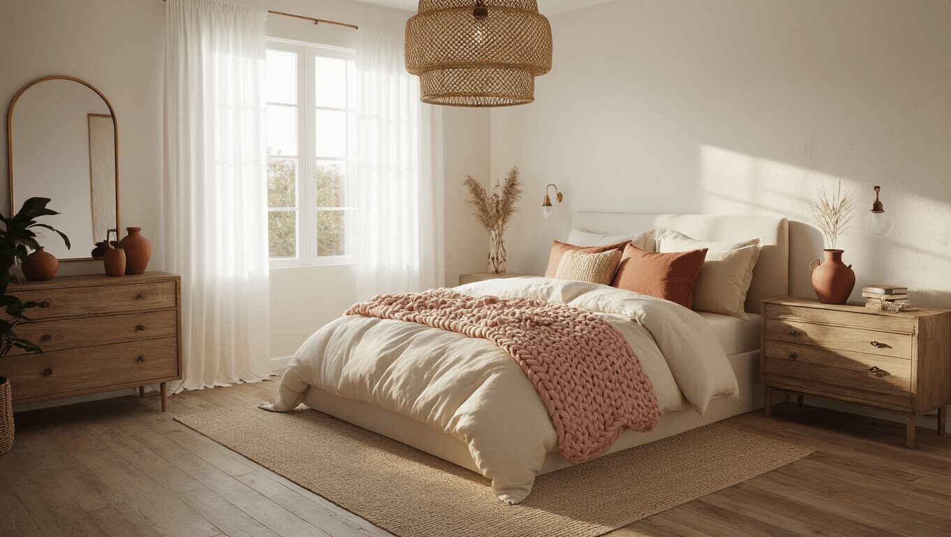 A serene modern boho bedroom in soft morning light, featuring a plush queen bed with layered textures, a rattan pendant light, vintage oak dresser, and potted plants, all captured in cinematic detail.
