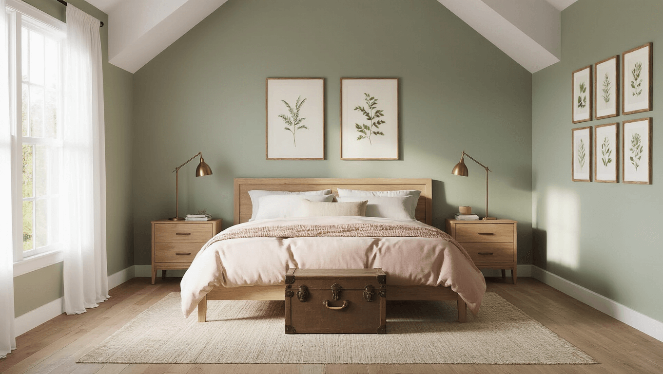 A cozy, light-filled modern English cottage bedroom featuring a king-sized bed with blush linen bedding, antique oak nightstands, and a gallery wall of botanical prints, all bathed in warm golden hour light.