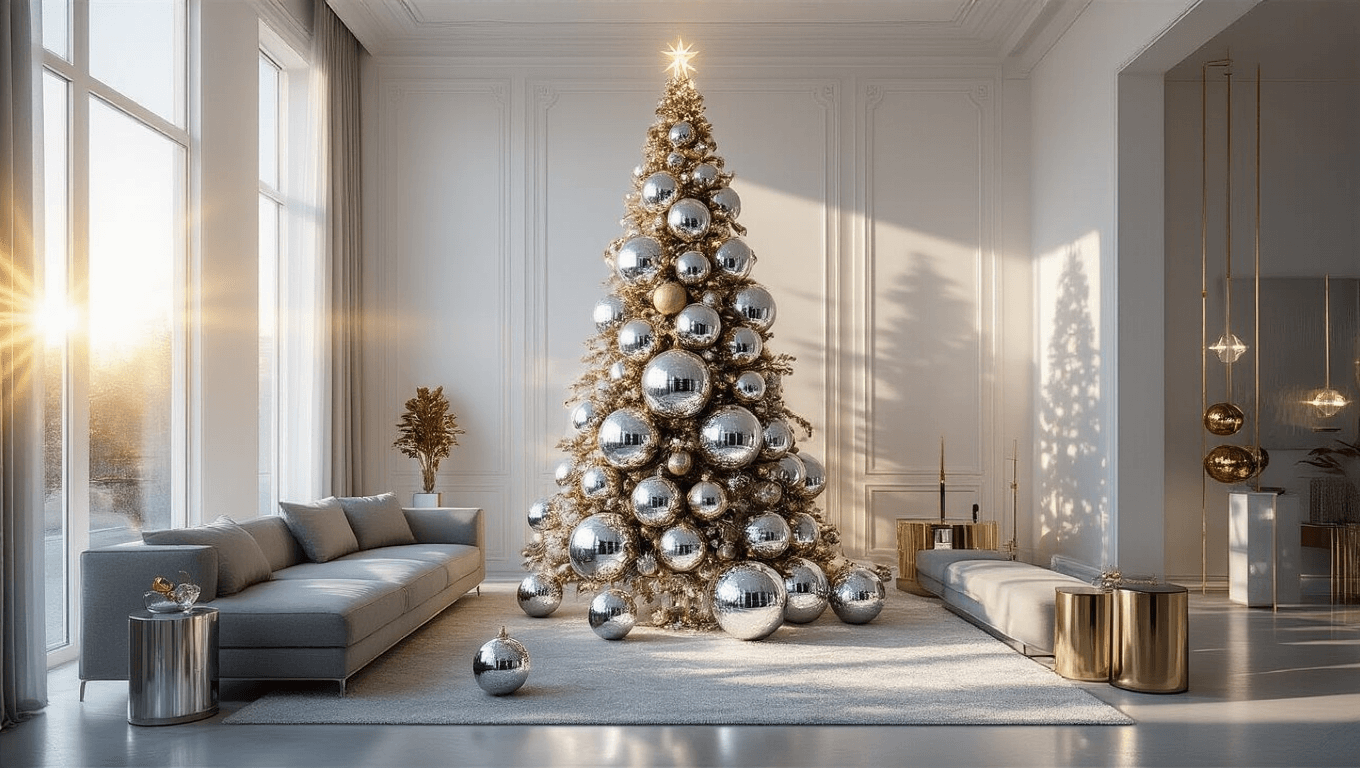 A contemporary living room featuring a 9-foot artificial Christmas tree adorned with mirror disco balls and metallic ornaments, with sunlight streaming through floor-to-ceiling windows, plush grey sectional sofa, and chrome and brass accents, creating a festive atmosphere.