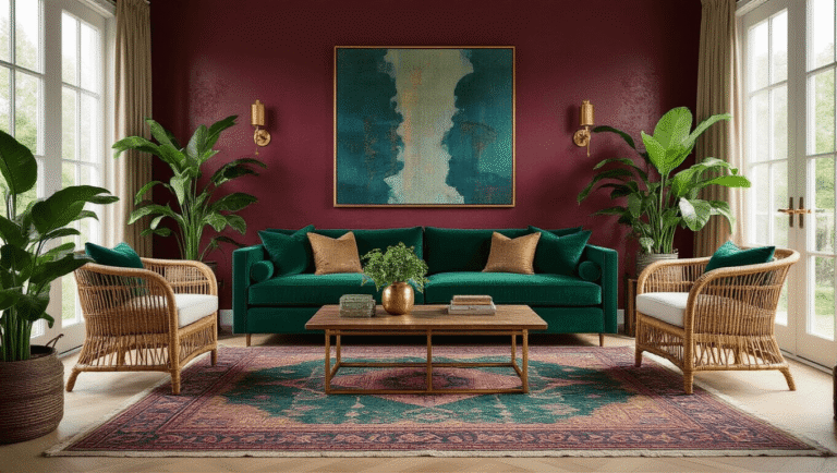A luxurious living room featuring a deep emerald velvet sofa against a burgundy accent wall, natural rattan armchairs, layered jewel-toned rugs, and abundant greenery, illuminated by golden hour sunlight.