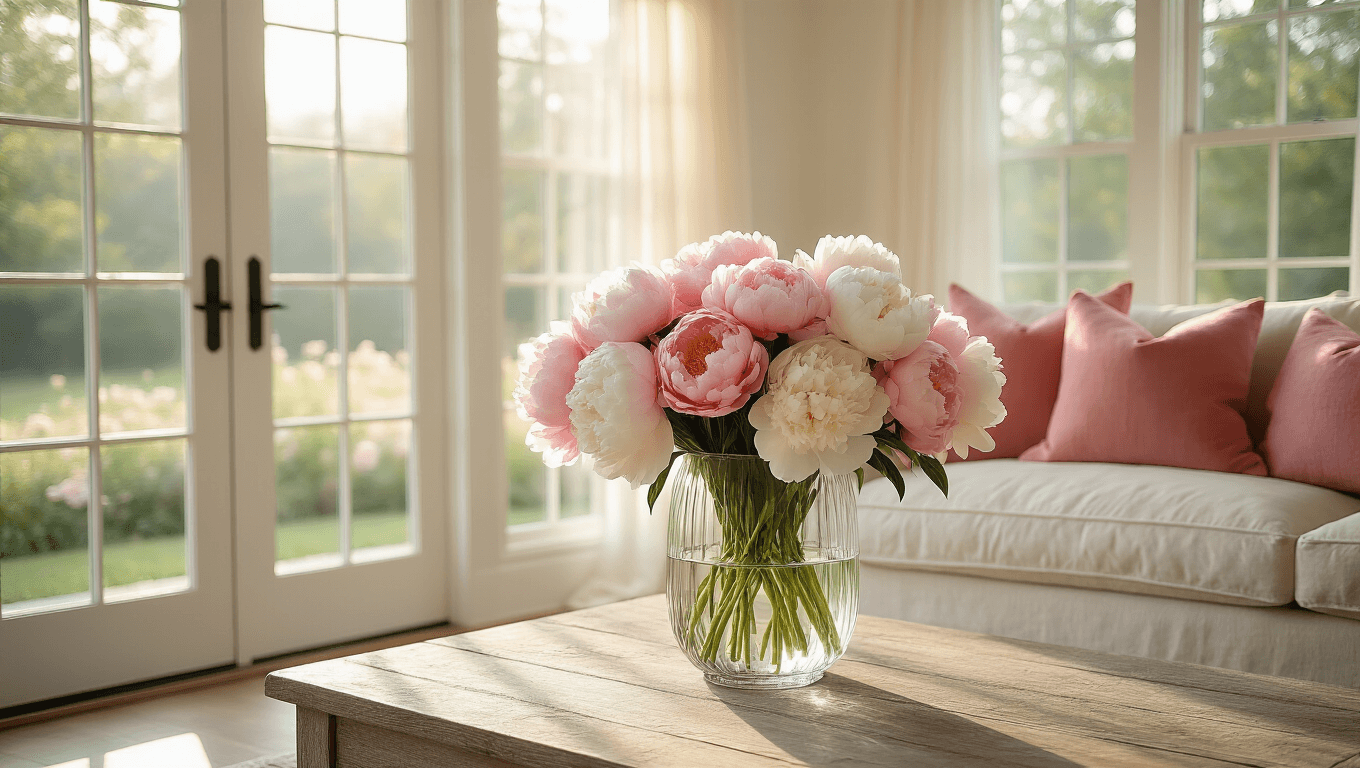 A sun-drenched modern farmhouse living room featuring a crystal vase with peonies in blush pink, coral, and white on a weathered oak coffee table, complemented by a cream linen sofa and filtered golden morning light through sheer white curtains.