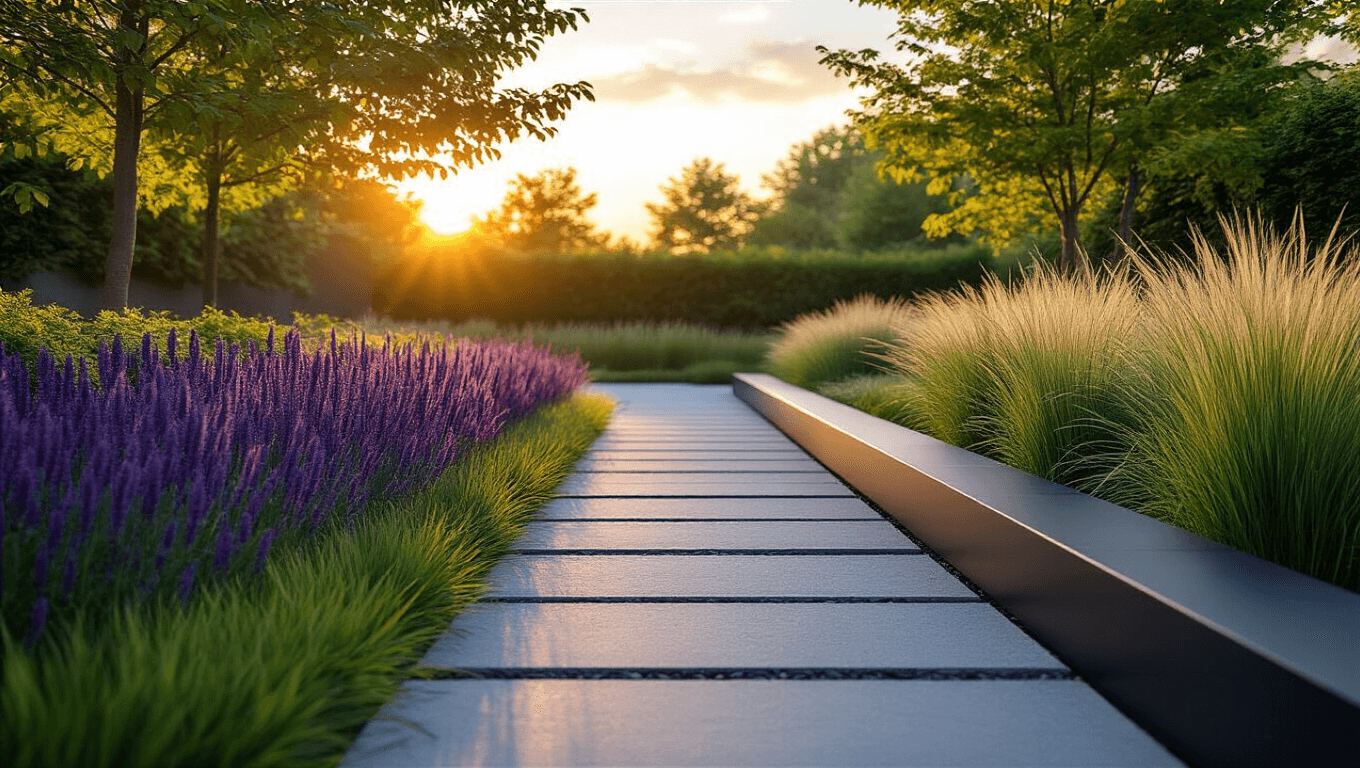 Photorealistic image of a modern garden edge at sunset, featuring a matte black steel border, lush grass, and minimalist planting beds with stone pavers, showcasing dramatic shadows and soft bokeh of Japanese maple foliage in the background.