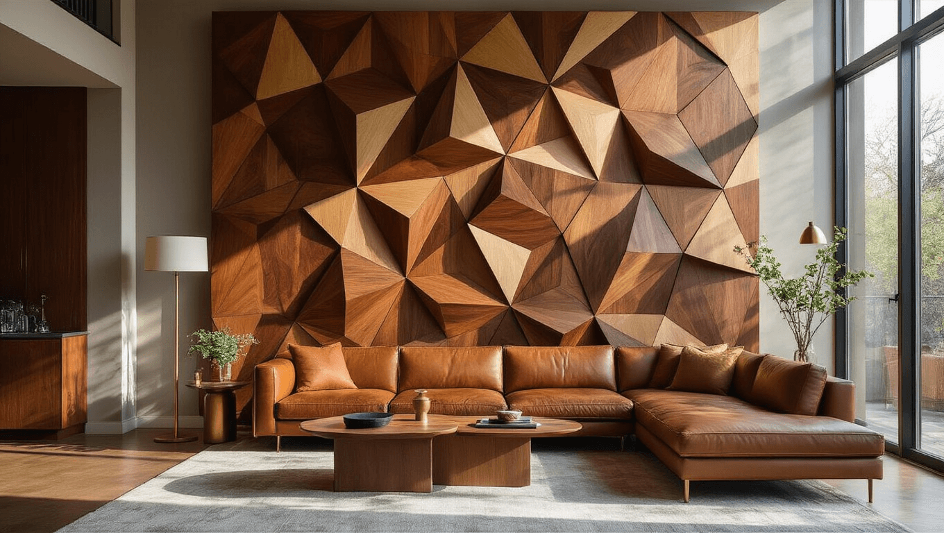 A luxurious contemporary living room featuring a large geometric wood wall art installation above a mid-century modern sofa, bathed in natural daylight with warm neutral walls and a fiddle leaf fig plant.