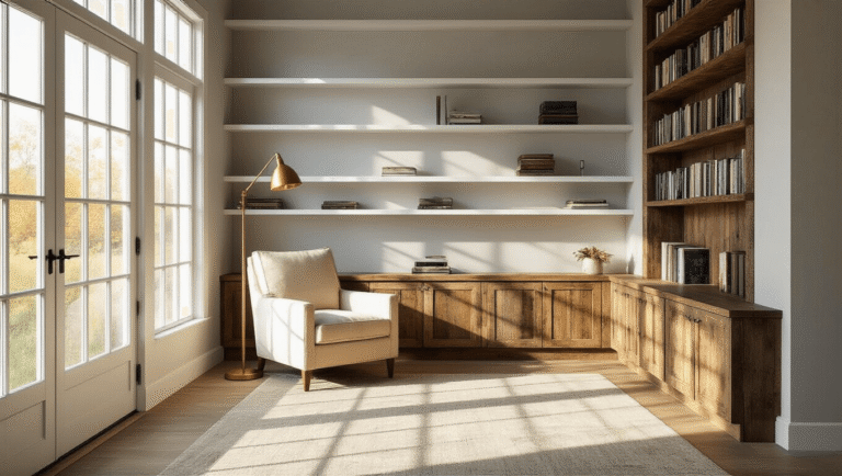 Cinematic wide-angle shot of a modern home library with white metal floating shelves, reclaimed wood corner units, warm lighting, and a plush cream armchair, showcasing an artful arrangement of books and decor under high ceilings.