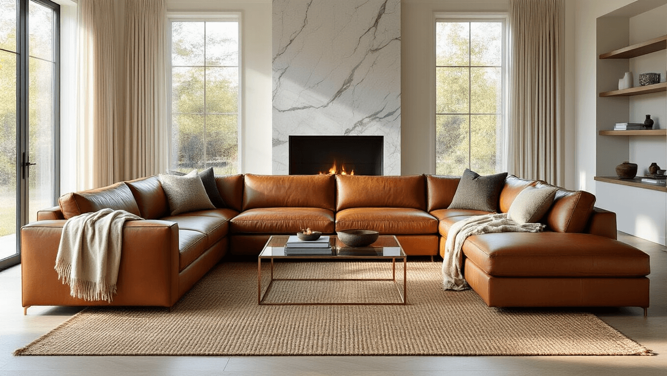 A luxurious living room with a cognac leather L-shaped sectional sofa, accented by neutral throw pillows and a cashmere blanket, bathed in natural sunlight from floor-to-ceiling windows, featuring a marble fireplace and stylish decor on floating shelves, captured in photorealistic detail.