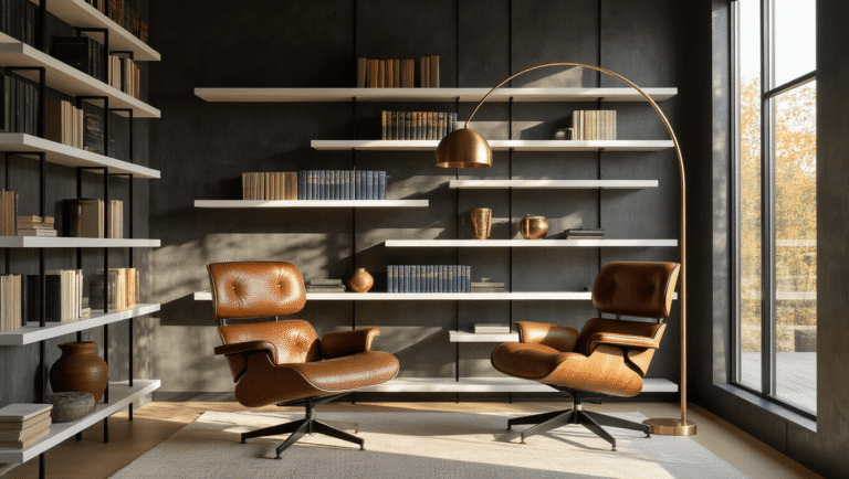 Modern Home Library: Sleek Shelving Unit Designs That Transform Your Space A modern home library with floor-to-ceiling floating white oak shelves and matte black steel frames against charcoal walls, featuring a cognac leather reading chair and arching brass lamp, illuminated by golden hour sunlight.