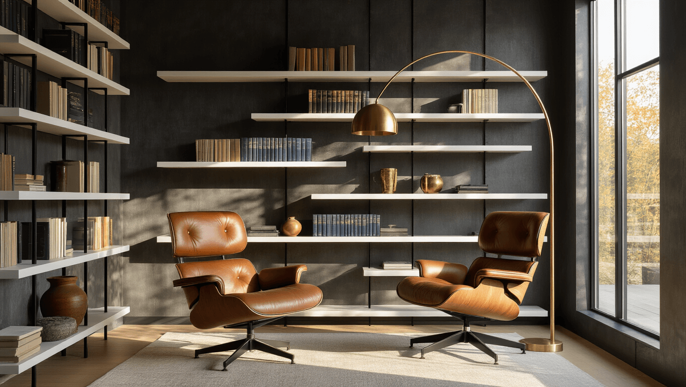 A modern home library with floor-to-ceiling floating white oak shelves and matte black steel frames against charcoal walls, featuring a cognac leather reading chair and arching brass lamp, illuminated by golden hour sunlight.